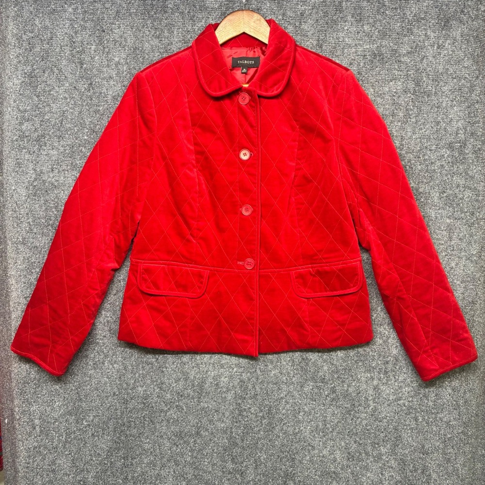 Talbots Velvet Quilted Jacket Womens 10 Red Diamond Stitch Peter Pan Collar Coat